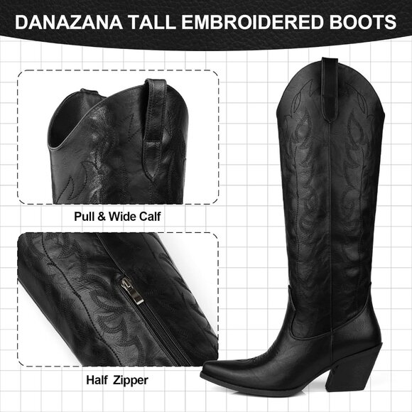 Women Black Wide Calf Rhinestones Pointed Toe Chunky Heel Embroidered Boots - Picture 4 of 7